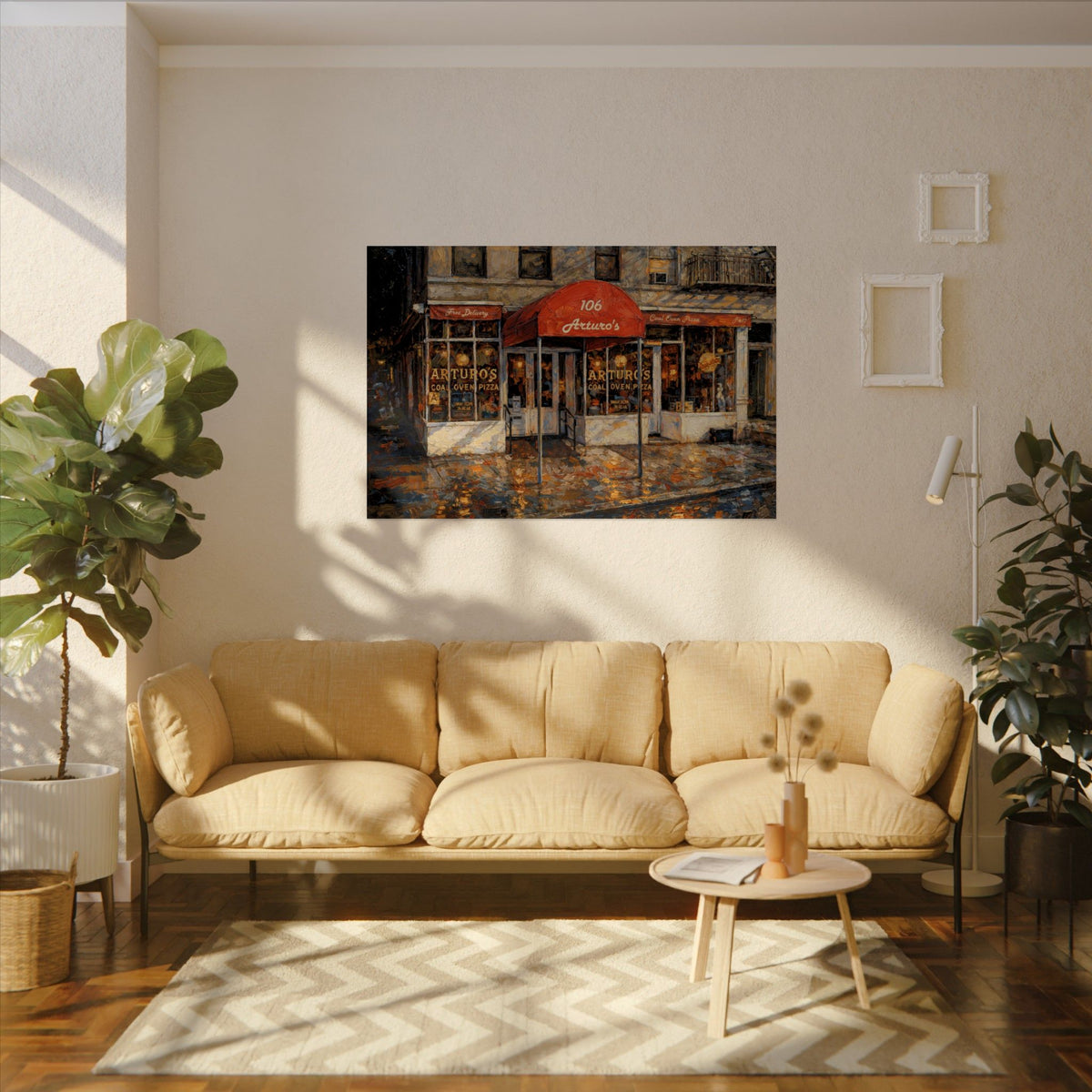 Arturo's Coal Oven Pizza art poster on the wall above a sofa