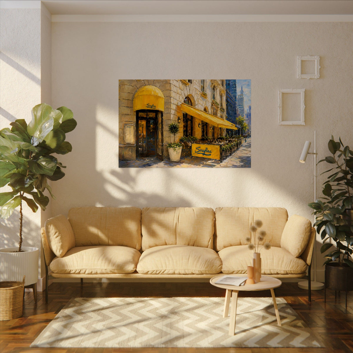Serafina (Broadway) art poster on the wall above a sofa