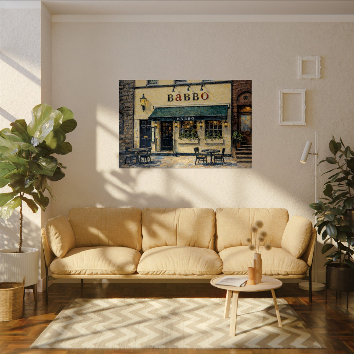 Babbo art poster on the wall above a sofa