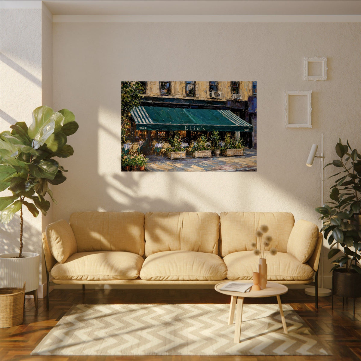 Elio's art poster on the wall above a sofa