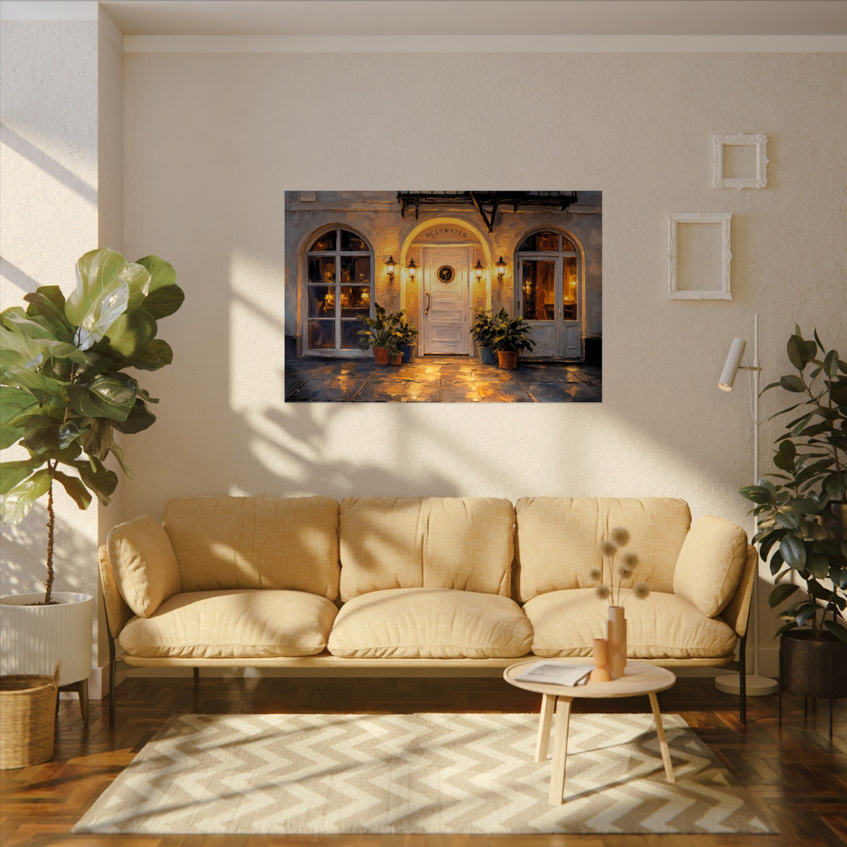 Holy Water art poster on the wall above a sofa