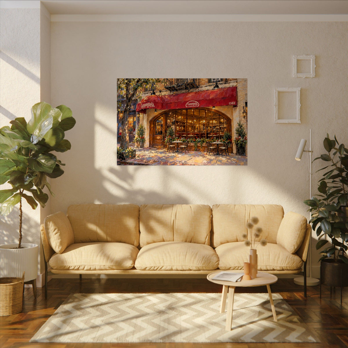 Campagnola art poster on the wall above a sofa