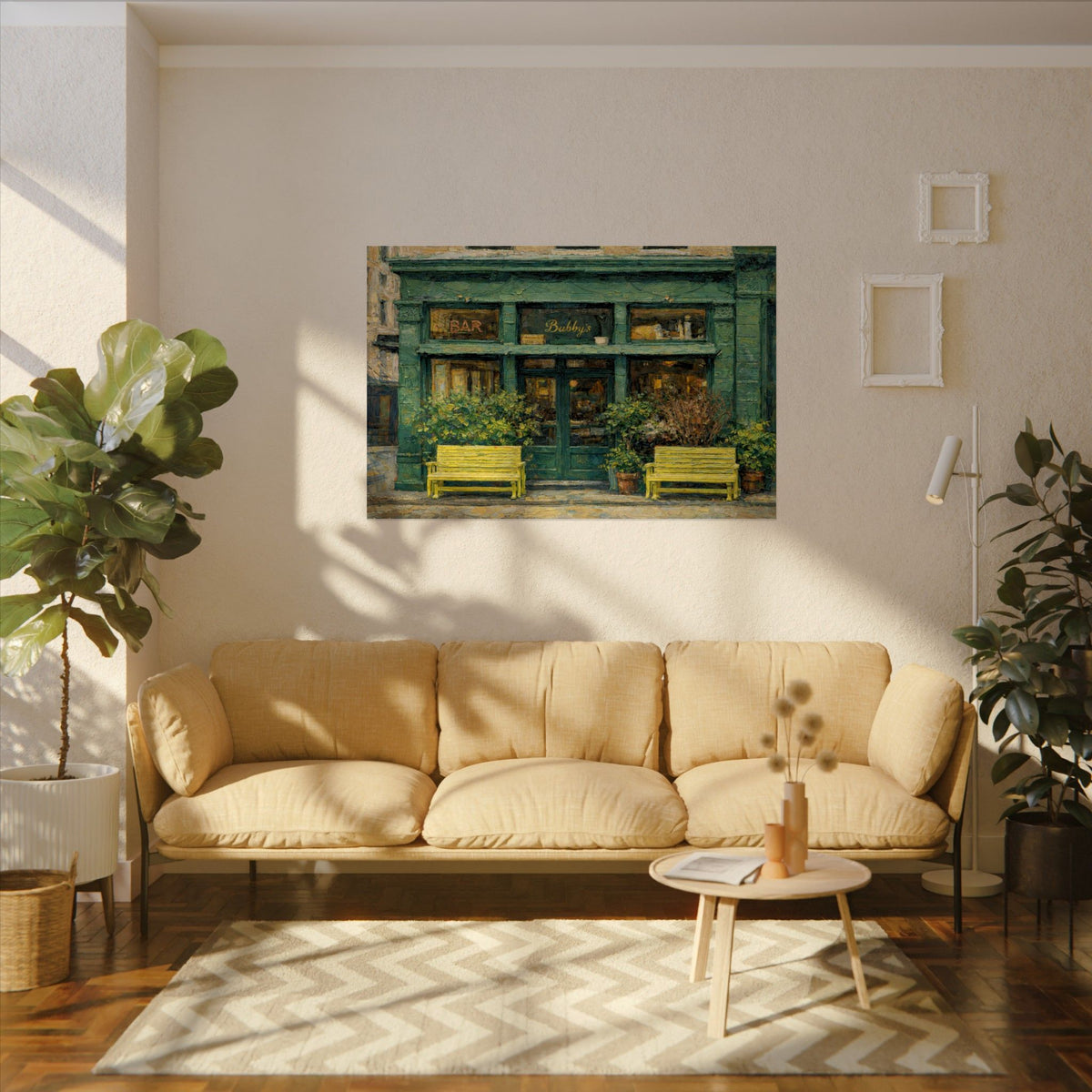 Bubby's art poster on the wall above a sofa