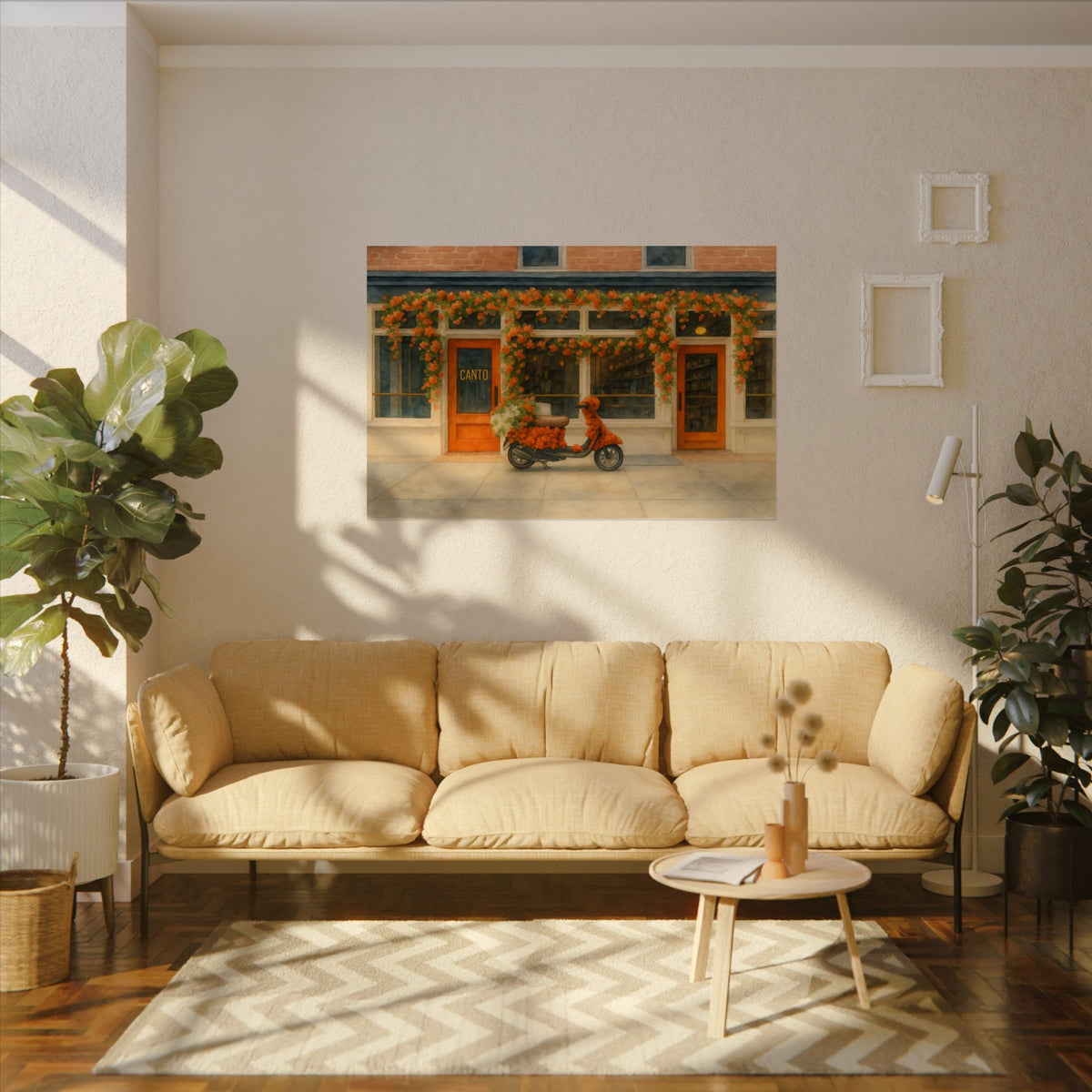 Canto West Village art poster on the wall above a sofa