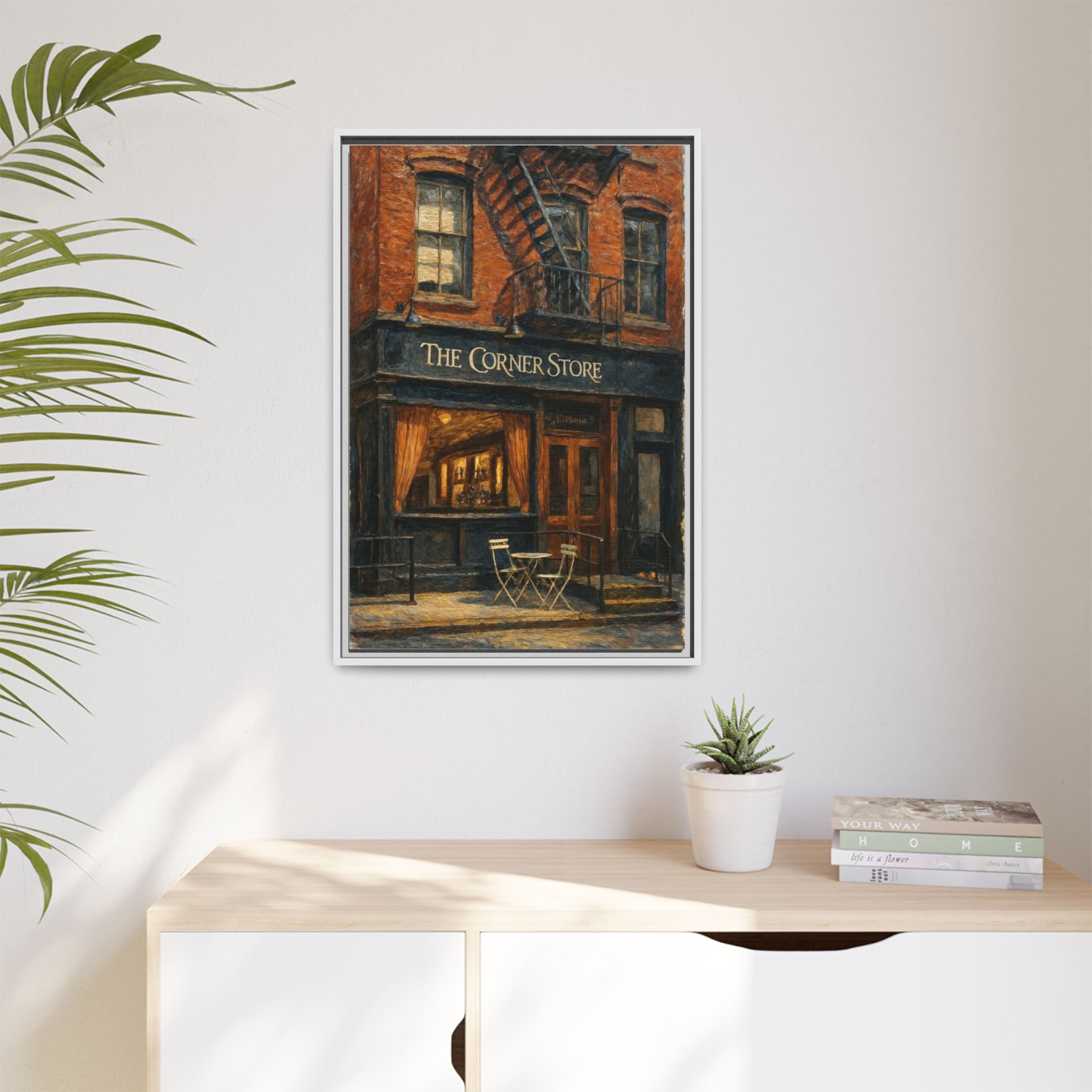 The Corner Store — Restaurant Print | Matte Canvas + Wooden Frame