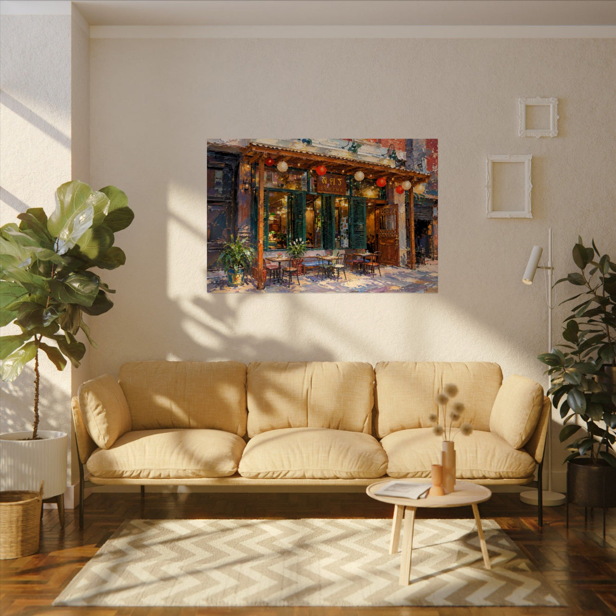 Soothr art poster on the wall above a sofa