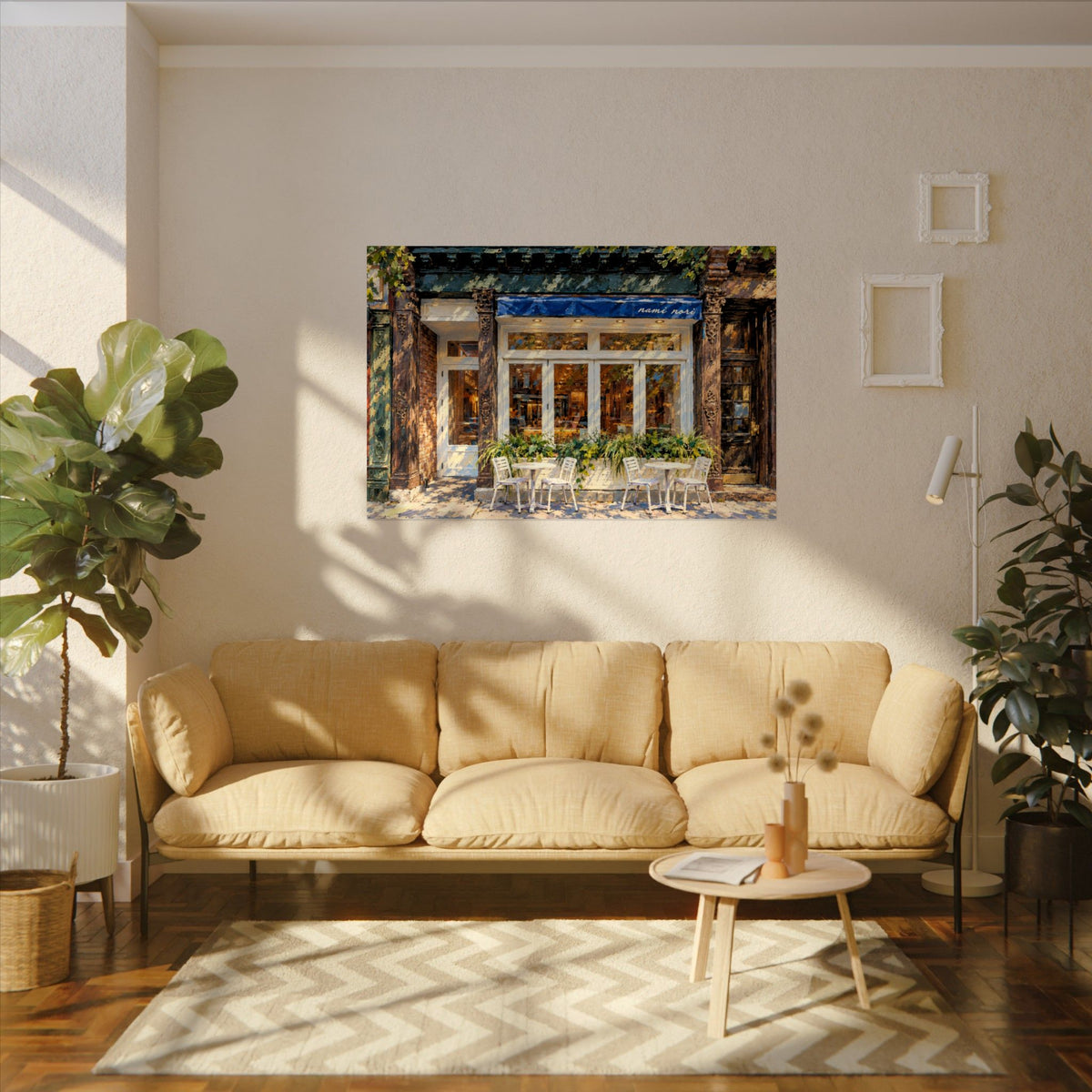 Nami Nori art poster on the wall above a sofa