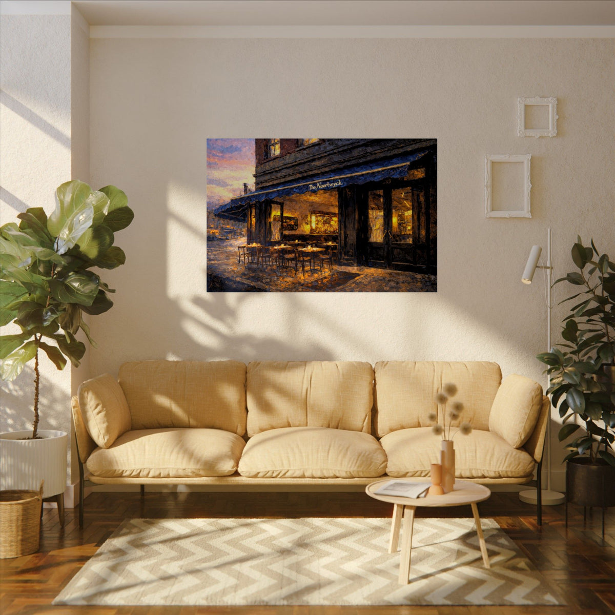 The Noortwyk art poster on the wall above a sofa