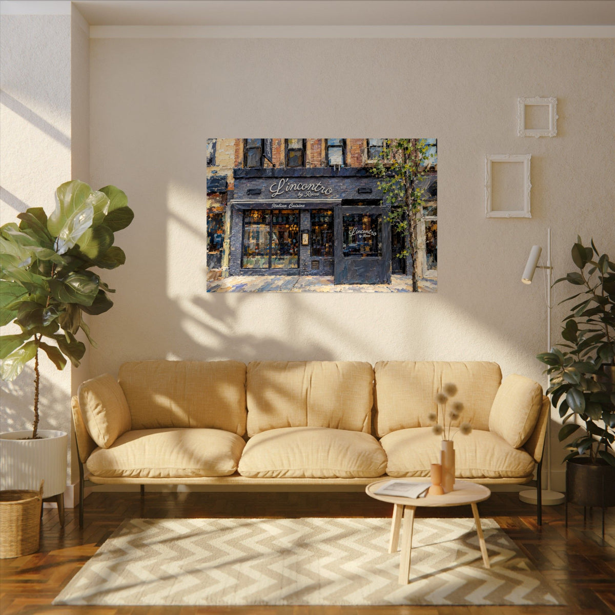 L'incontro by Rocco art poster on the wall above a sofa