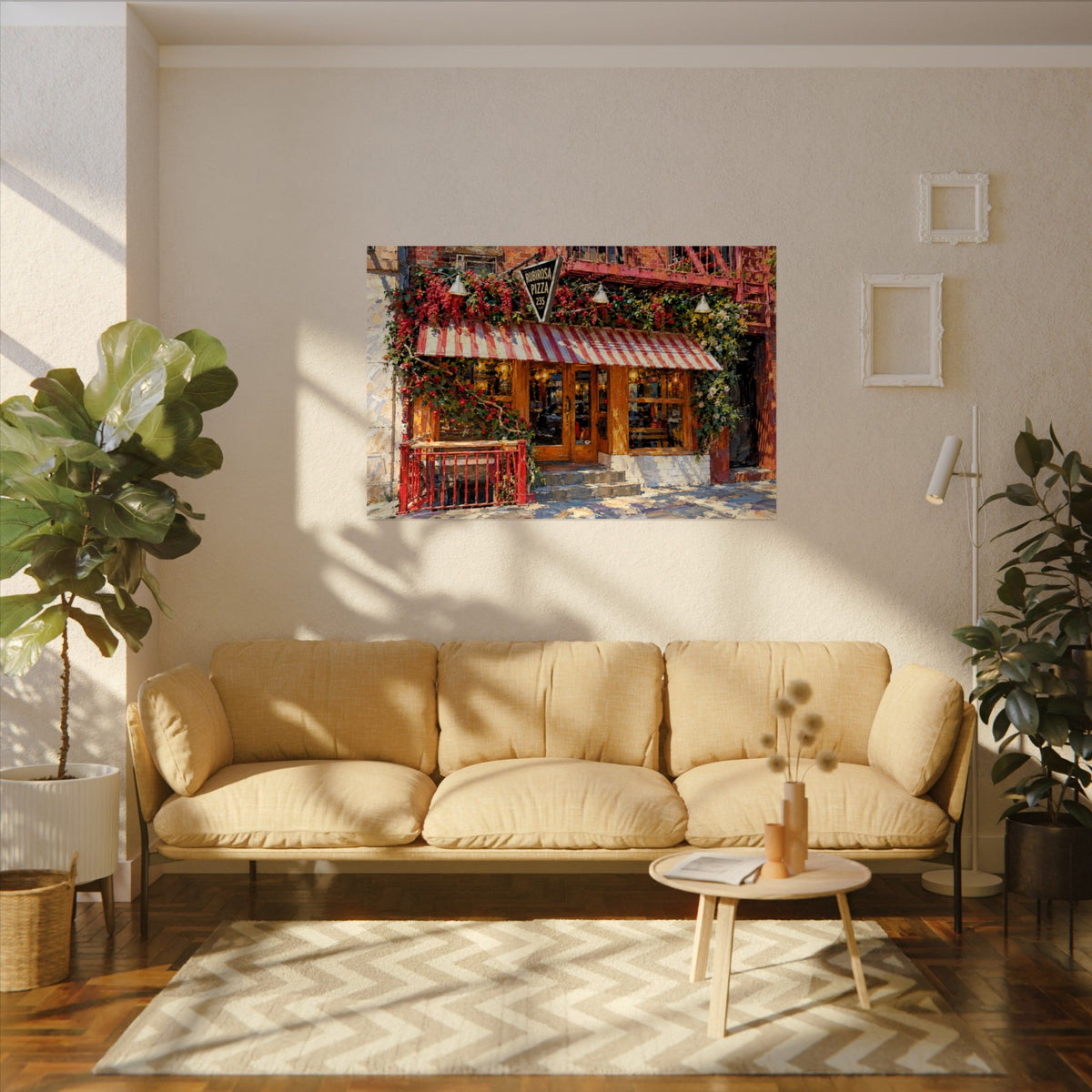 Rubirosa art poster on the wall above a sofa