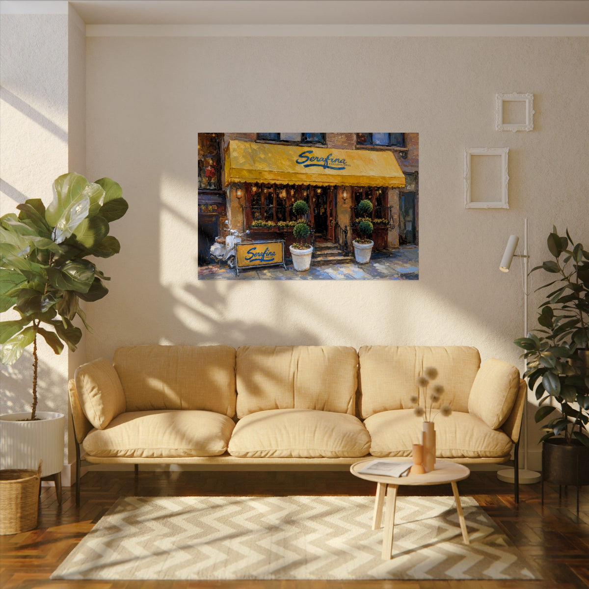 Serafina (Original Location) art poster on the wall above a sofa