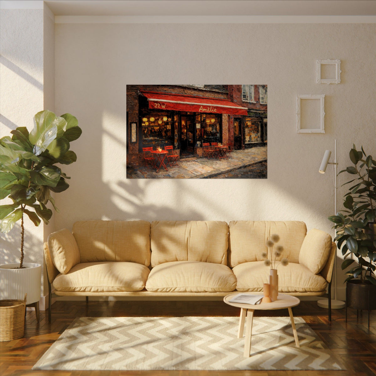 Amelie art poster on the wall above a sofa