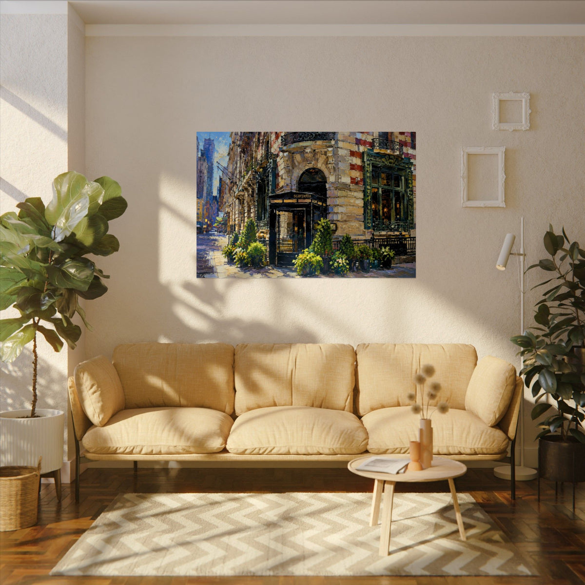 Scarpetta art poster on the wall above a sofa