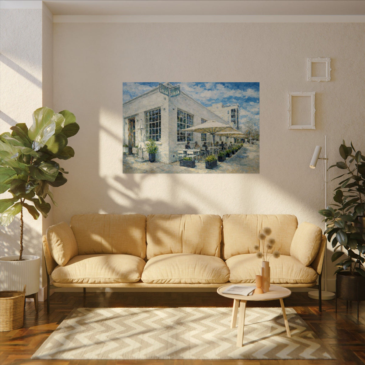 Lilia art poster on the wall above a sofa