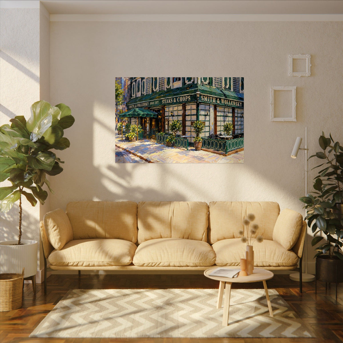 Smith & Wollensky art poster on the wall above a sofa