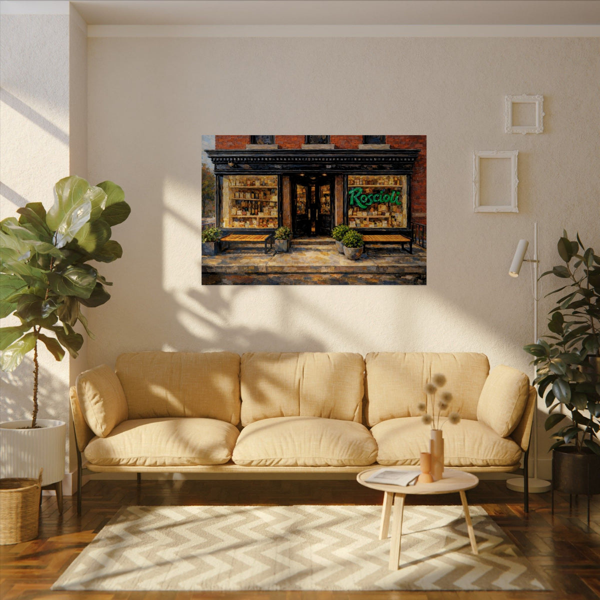 Roscioli art poster on the wall above a sofa