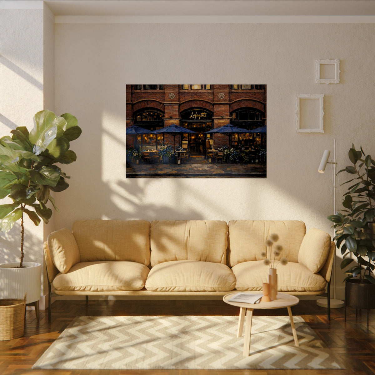 Lafayette art poster on the wall above a sofa