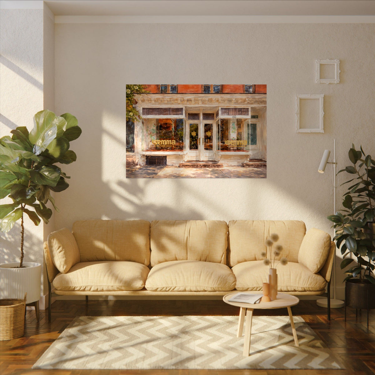 Semma art poster on the wall above a sofa