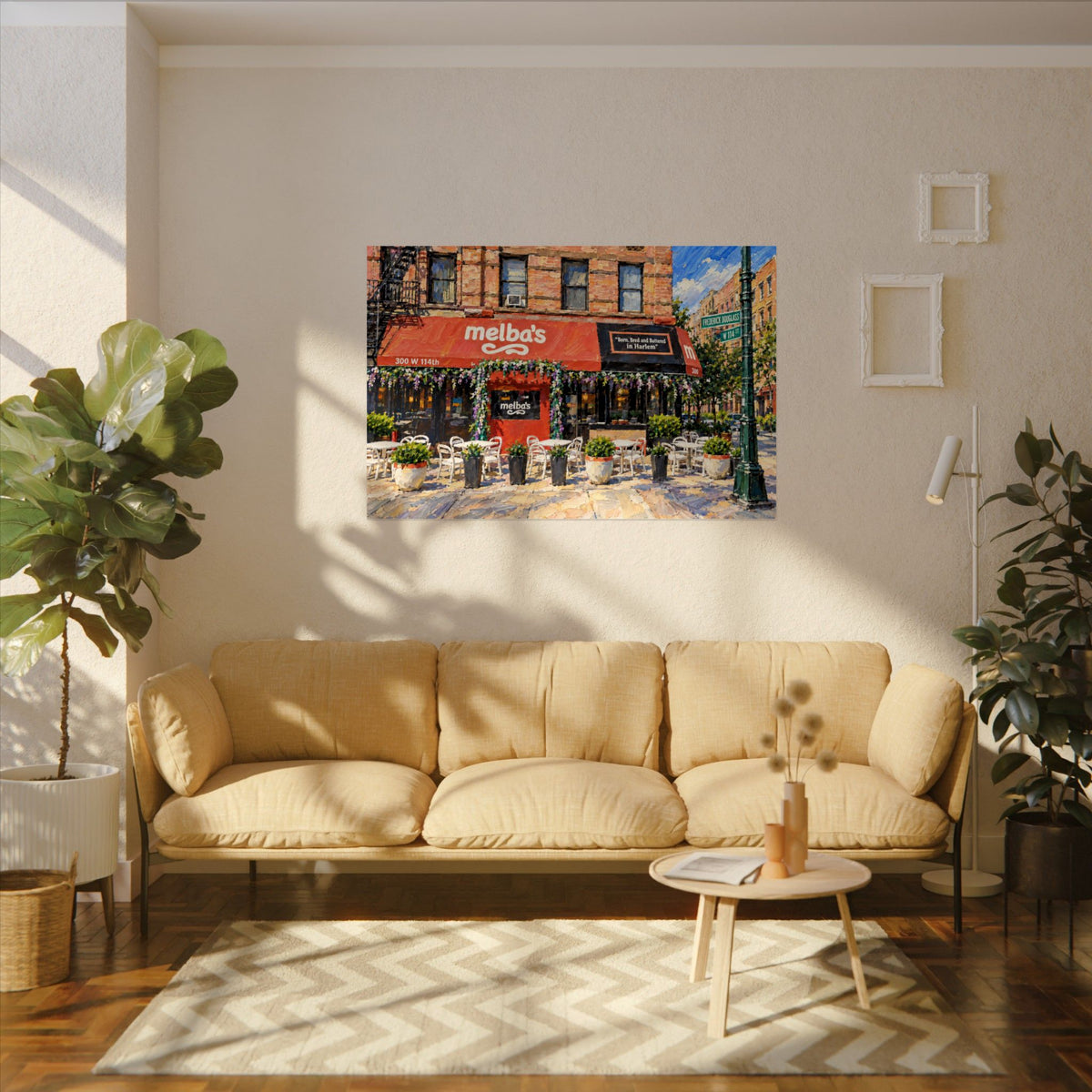 Melba's Restaurant art poster on the wall above a sofa