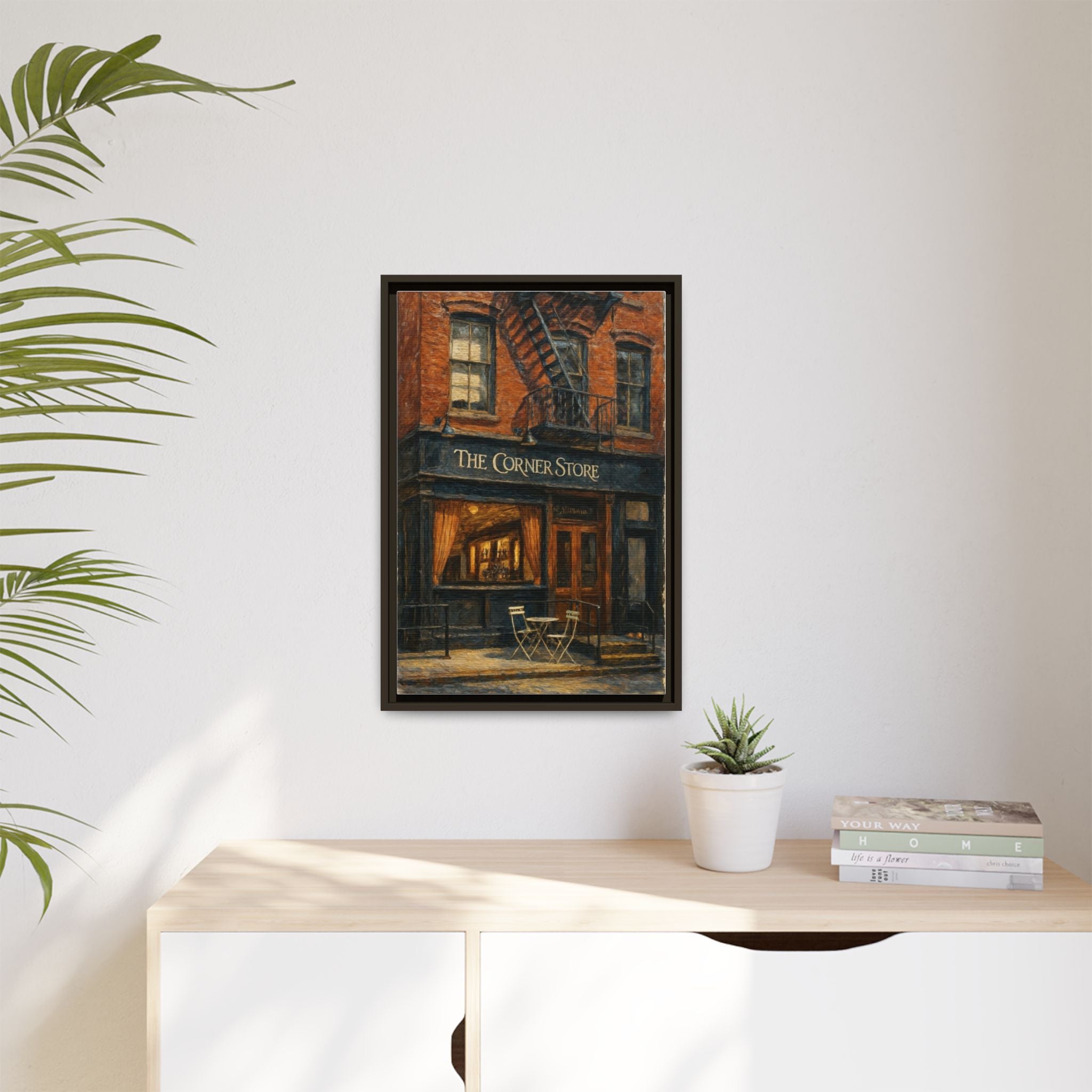 The Corner Store — Restaurant Print | Matte Canvas + Wooden Frame