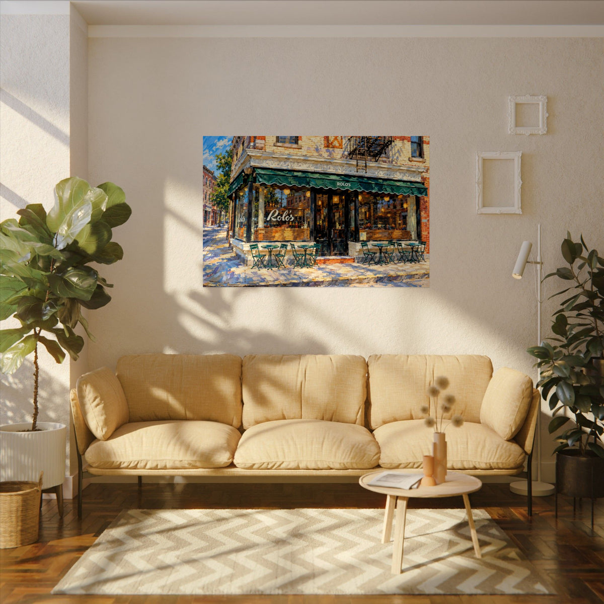 Rolo's art poster on the wall above a sofa