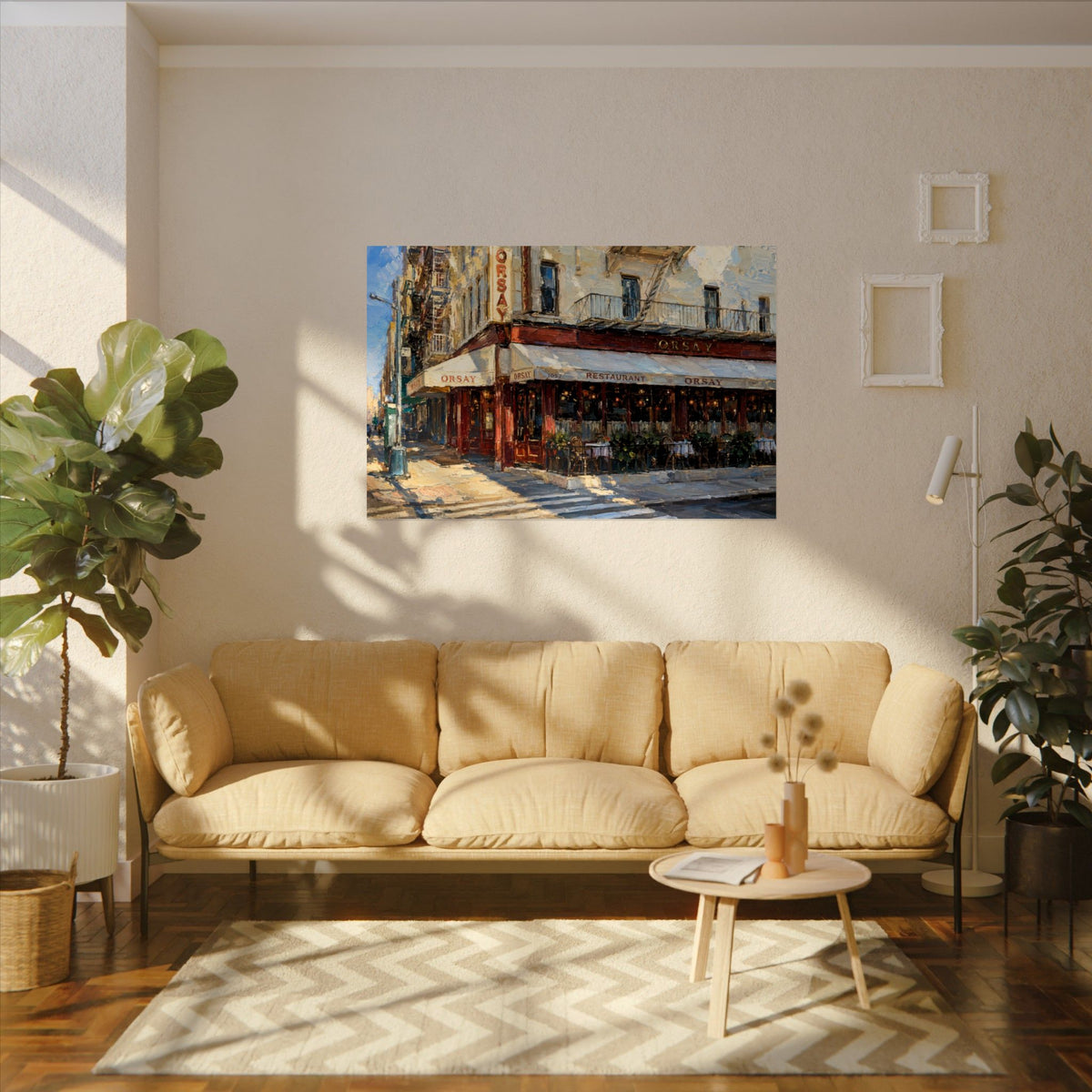 Orsay art poster on the wall above a sofa