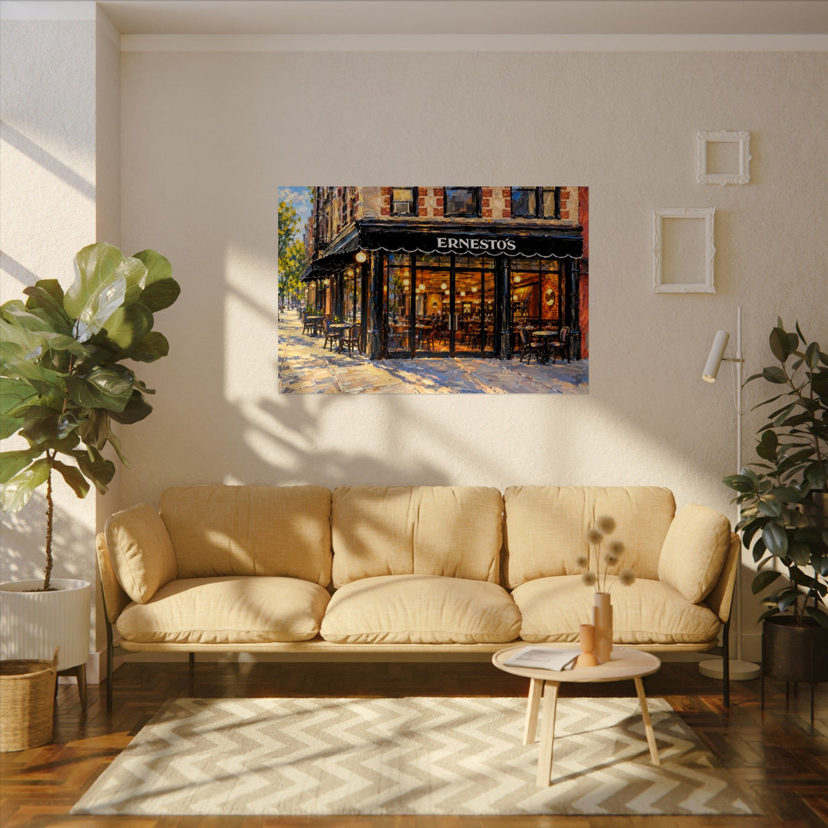 Ernesto's art poster on the wall above a sofa