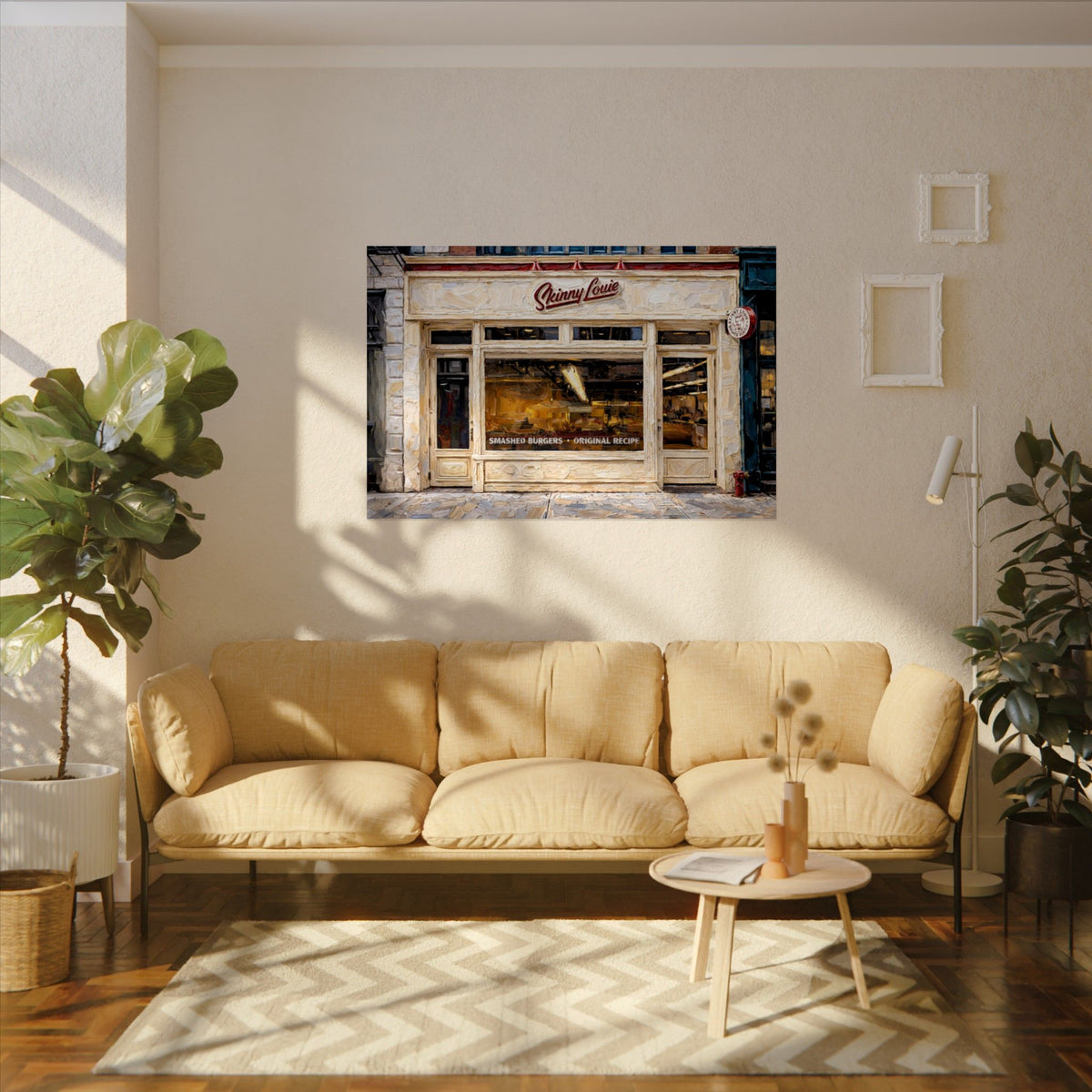 Skinny Louie art poster on the wall above a sofa