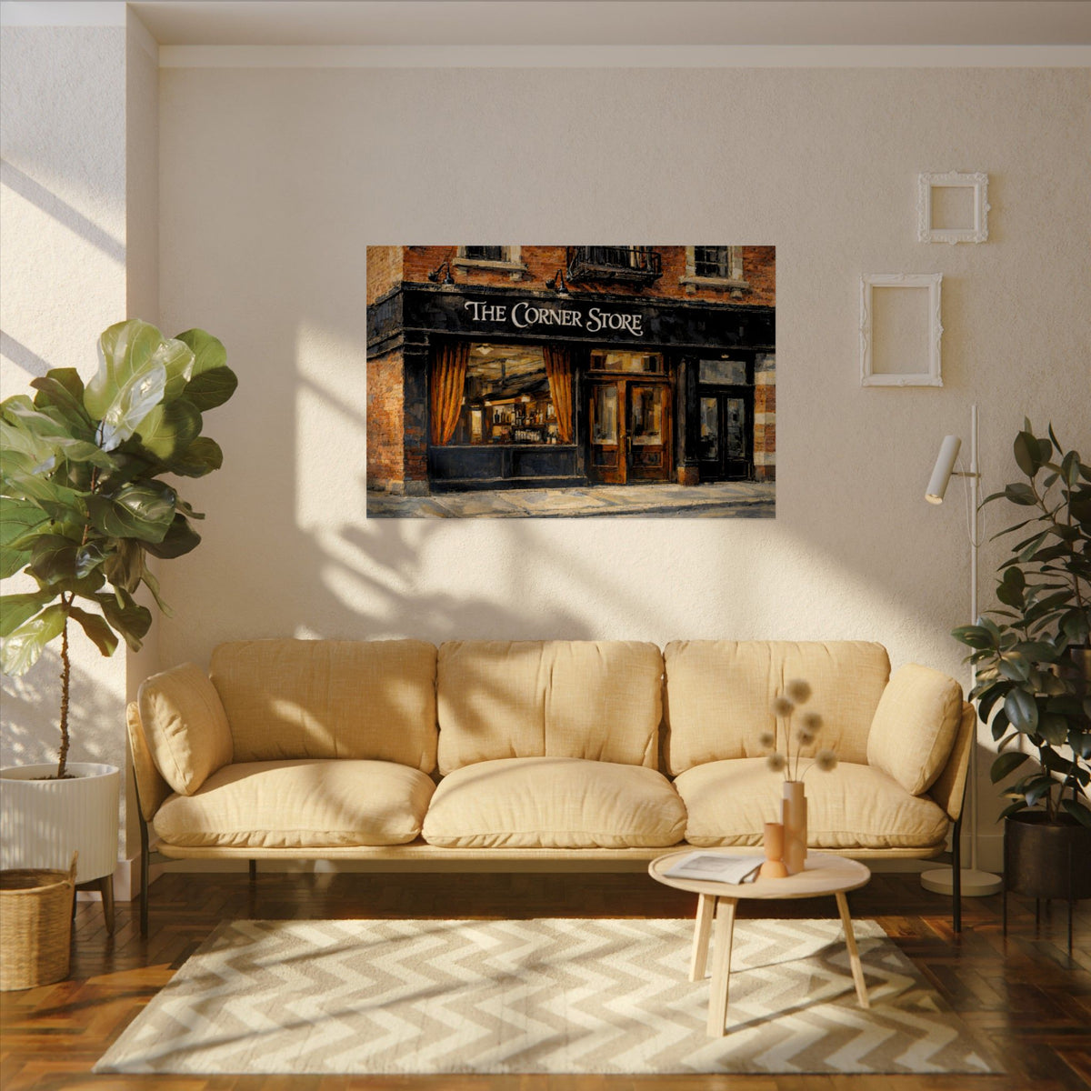 The Corner Store art poster on the wall above a sofa