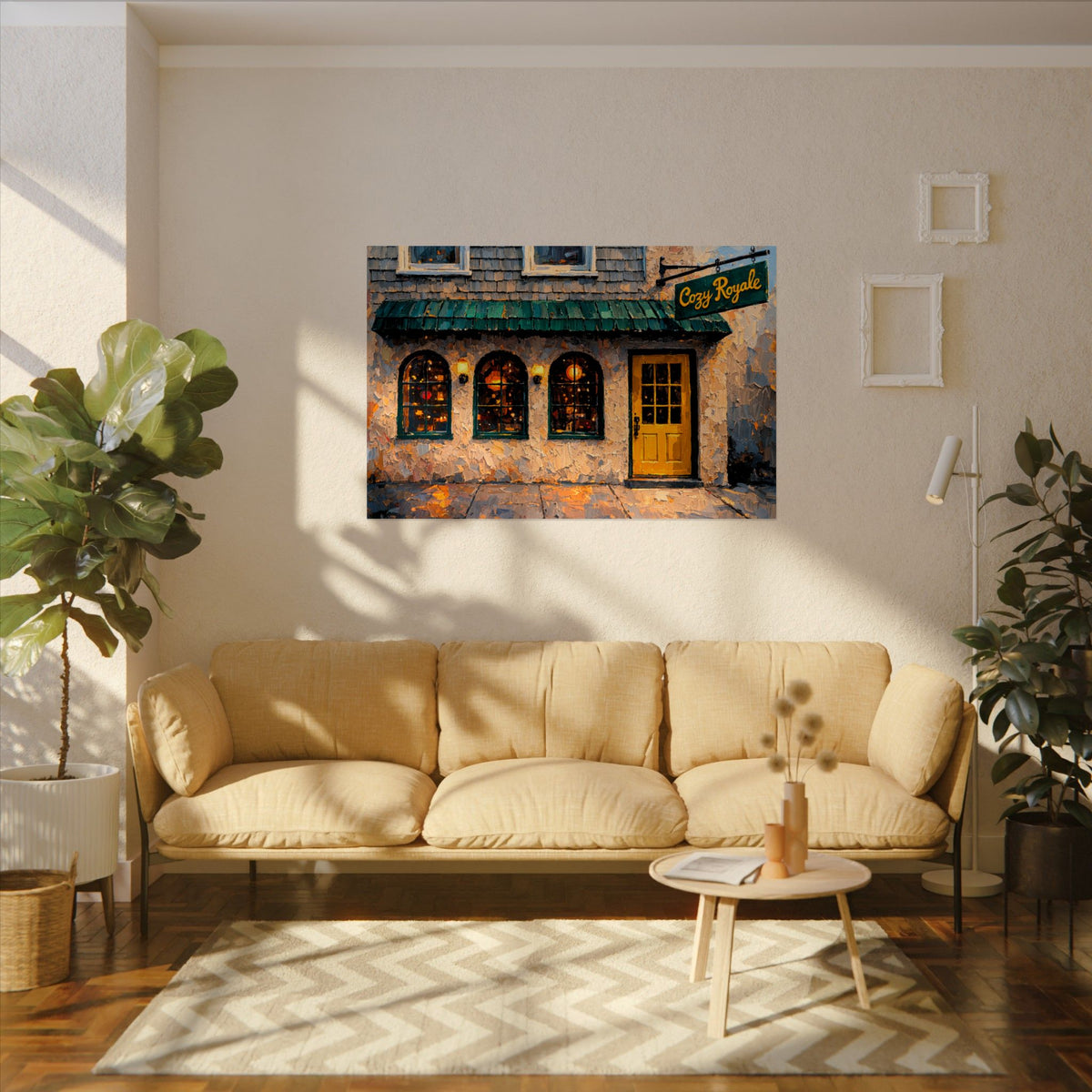 Cozy Royale art poster on the wall above a sofa