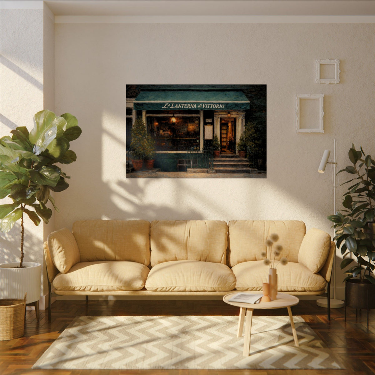 La Lanterna Di Vittorio art poster on the wall above a sofa