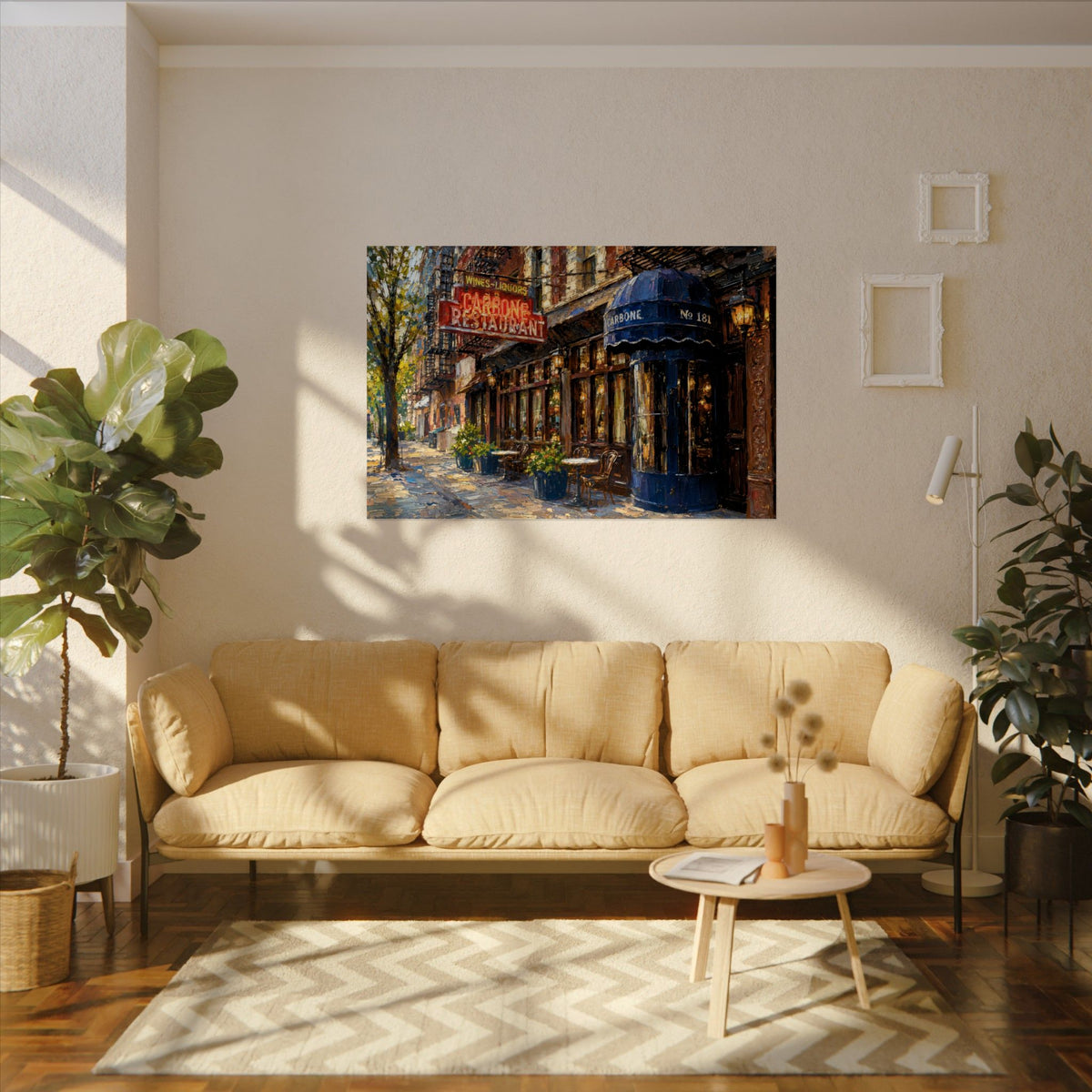 Carbone art poster on the wall above a sofa