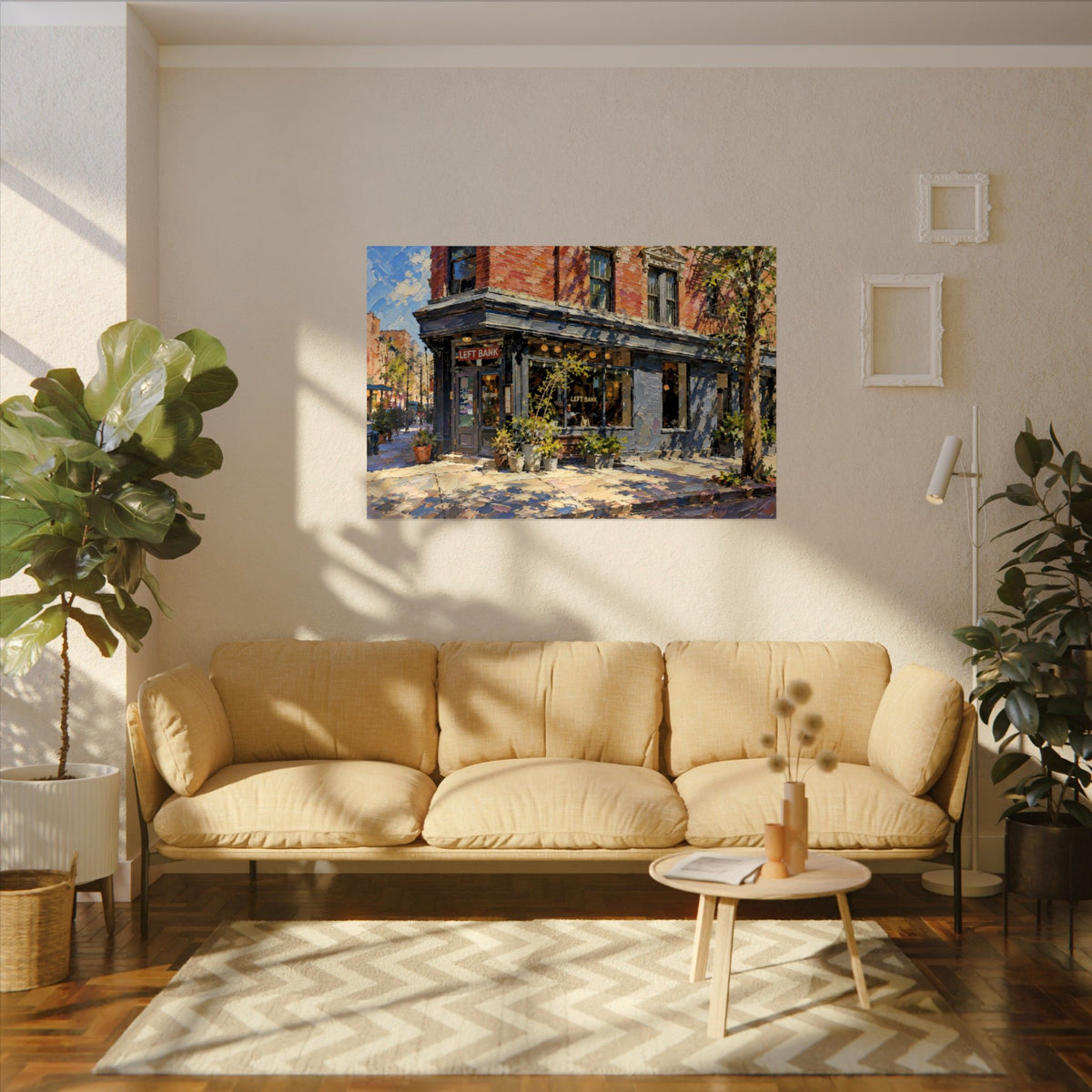 Left Bank art poster on the wall above a sofa