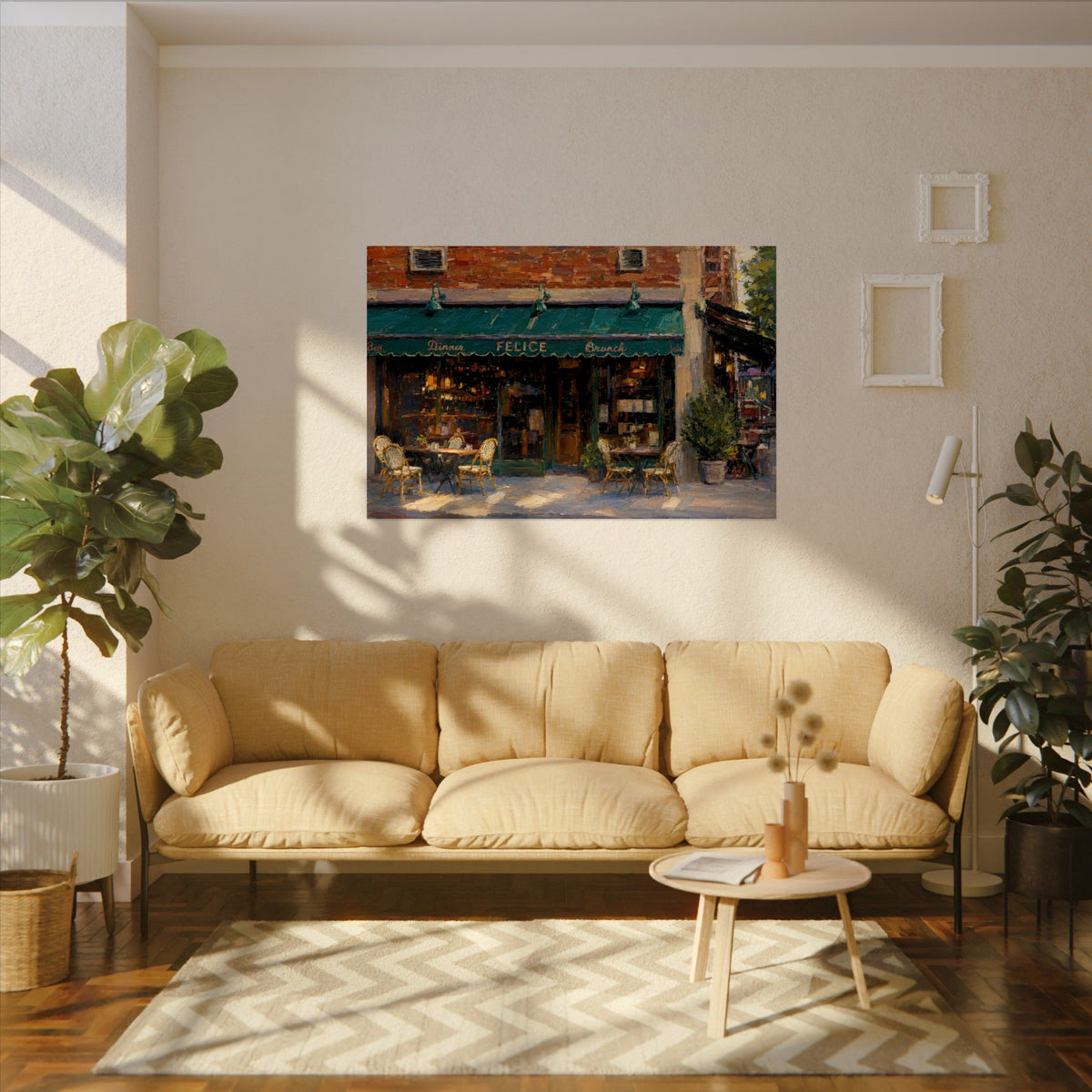 Felice 83 art poster on the wall above a sofa