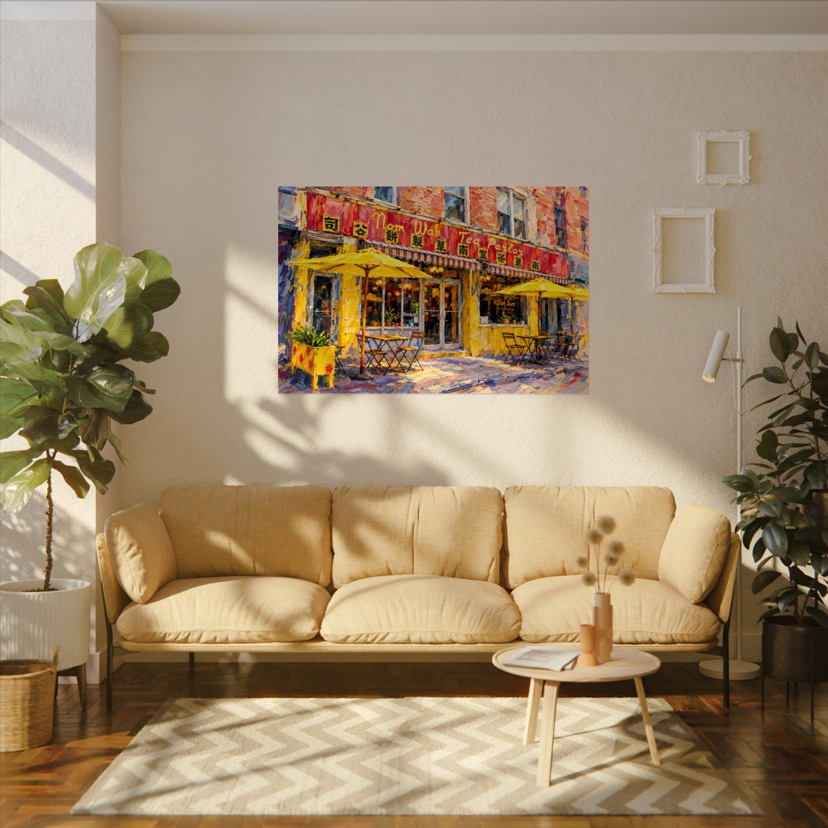 Nom Wah Tea Parlor art poster on the wall above a sofa
