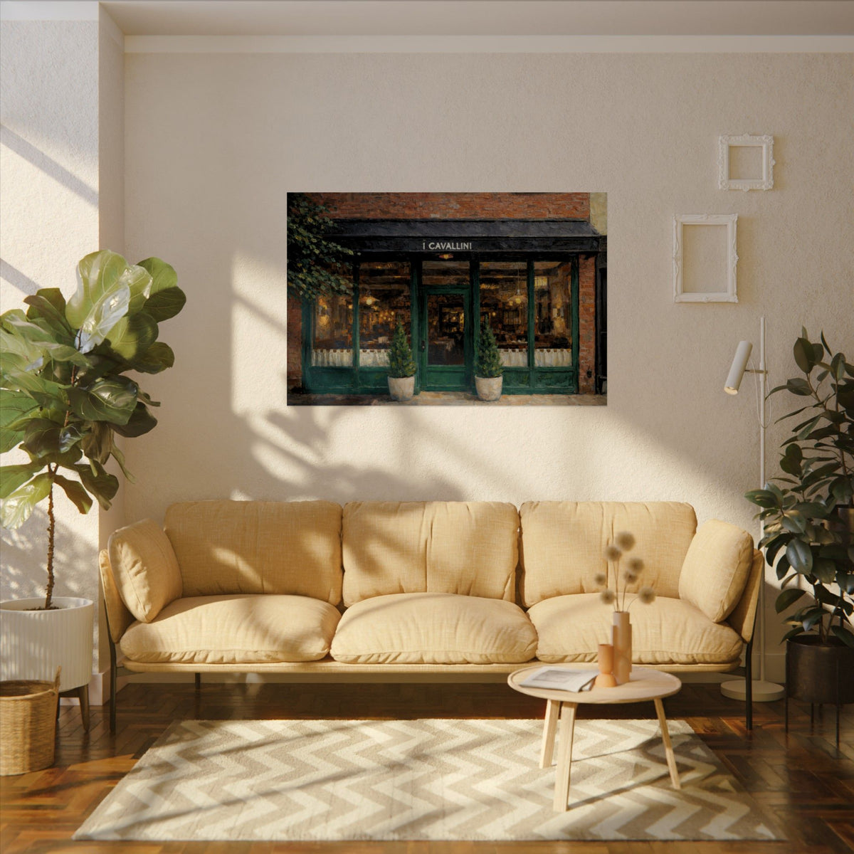 i Cavallini art poster on the wall above a sofa