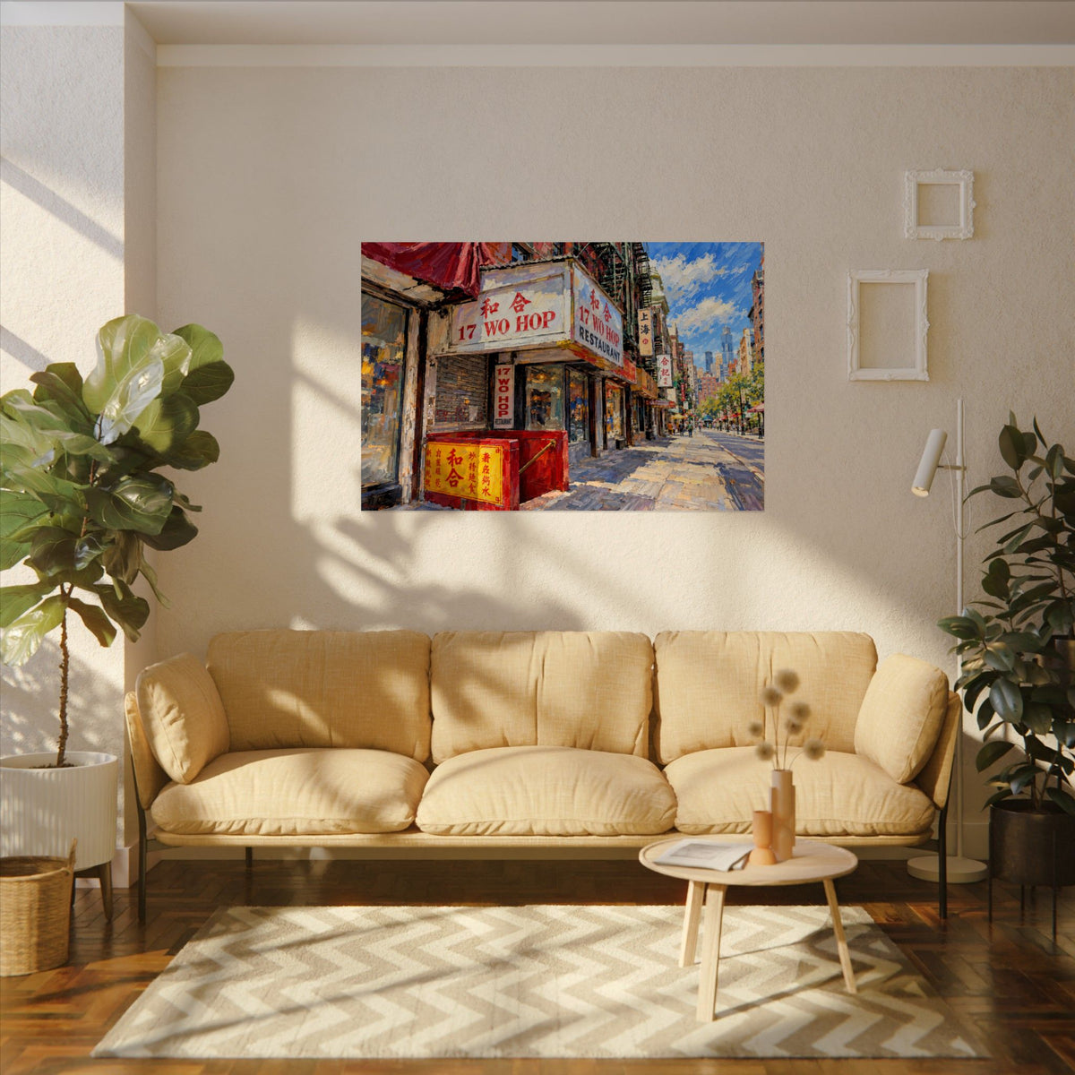 Wo Hop art poster on the wall above a sofa