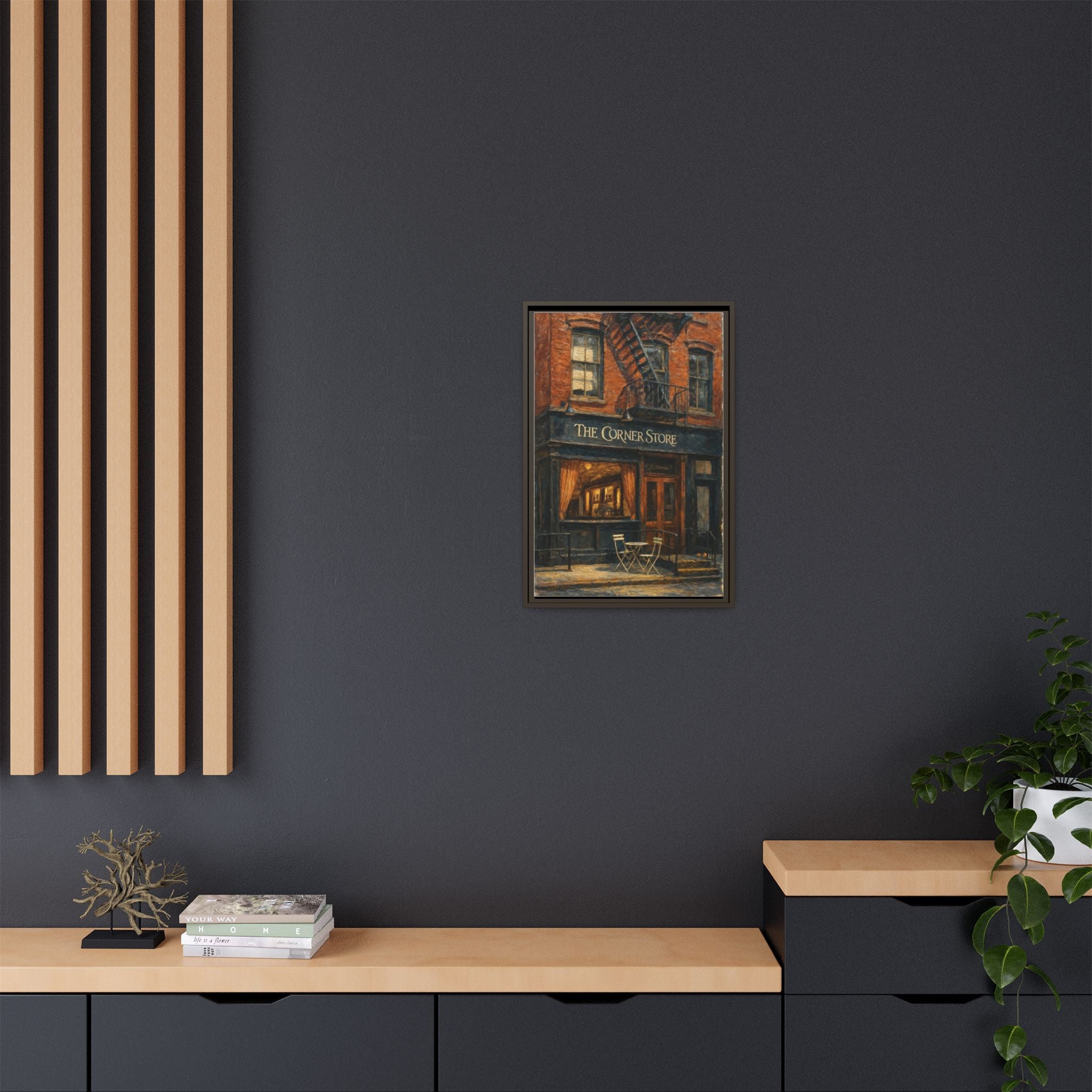 The Corner Store — Restaurant Print | Matte Canvas + Wooden Frame