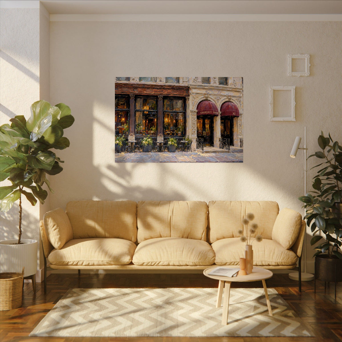 Gramercy Tavern art poster on the wall above a sofa