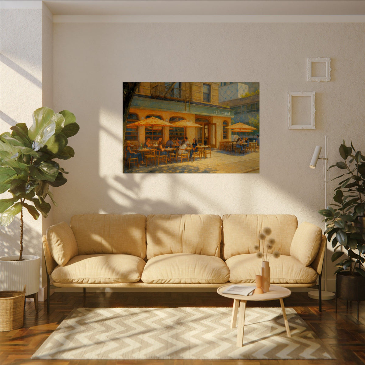 Café Maud art poster on the wall above a sofa