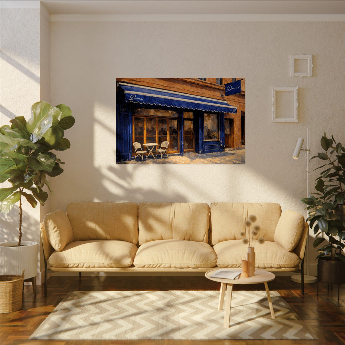 Dame art poster on the wall above a sofa