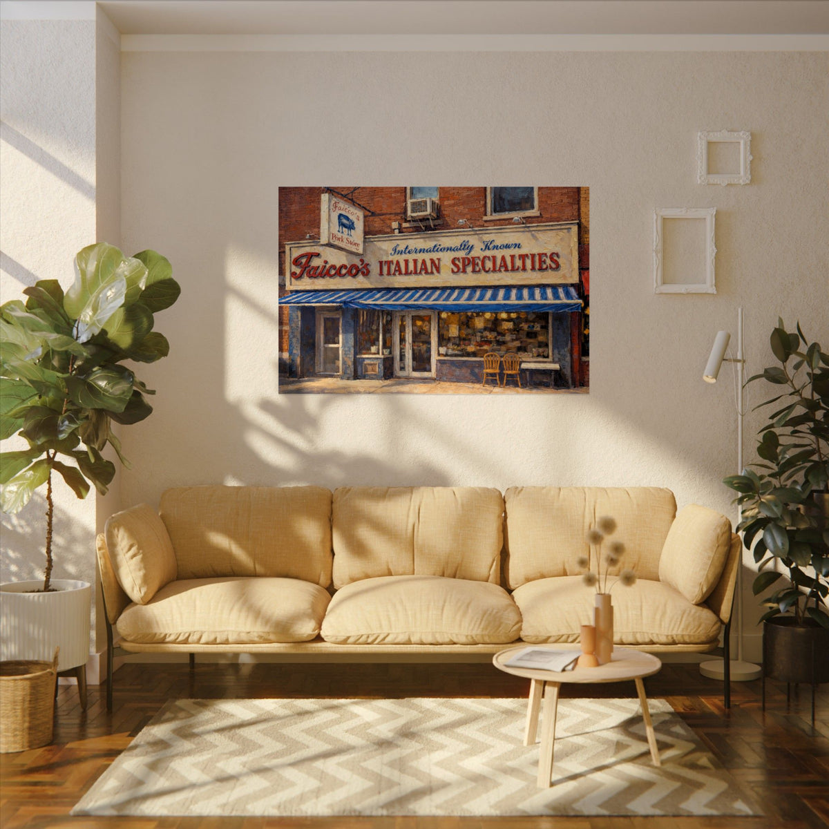 Faicco’s Italian Specialties art poster on the wall above a sofa