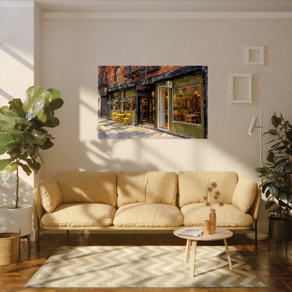 Forsythia art poster on the wall above a sofa