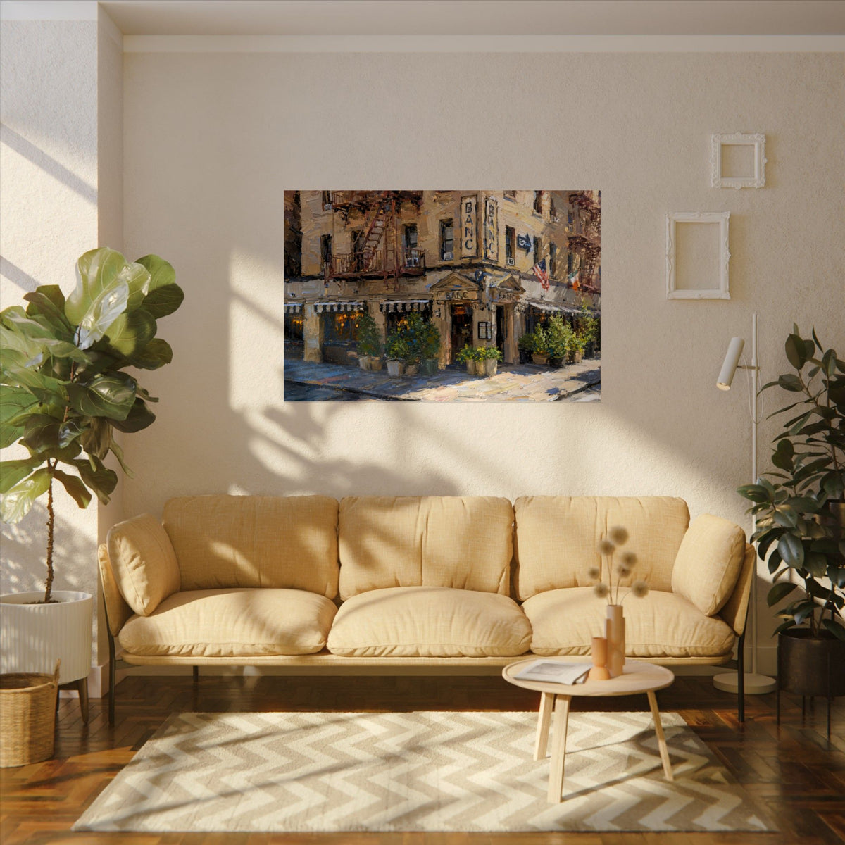 Banc Cafe art poster on the wall above a sofa