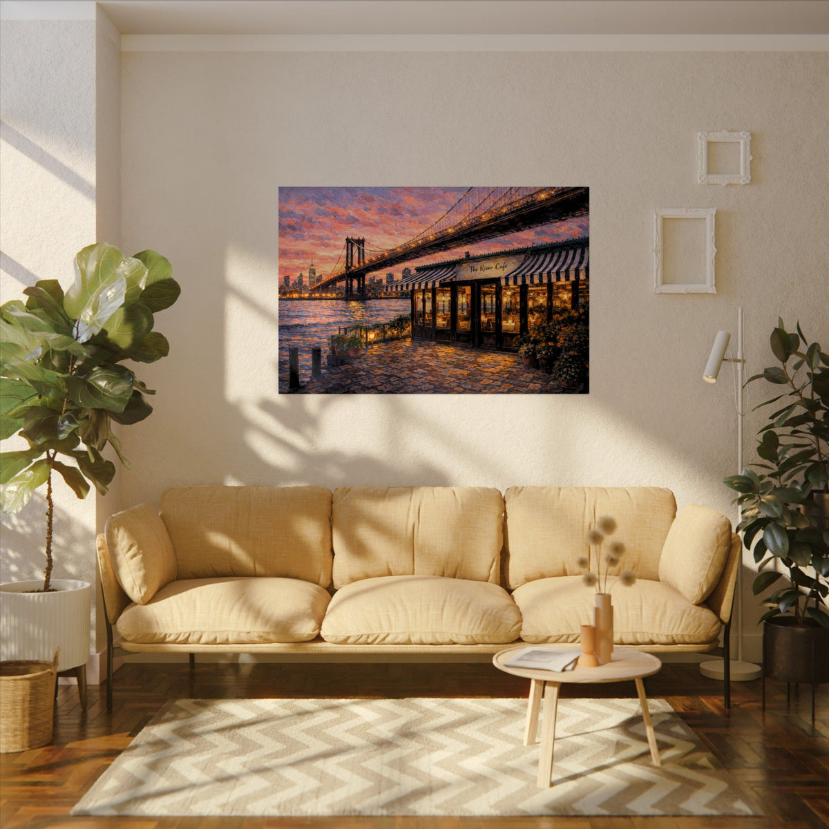 The River Cafe art poster on the wall above a sofa