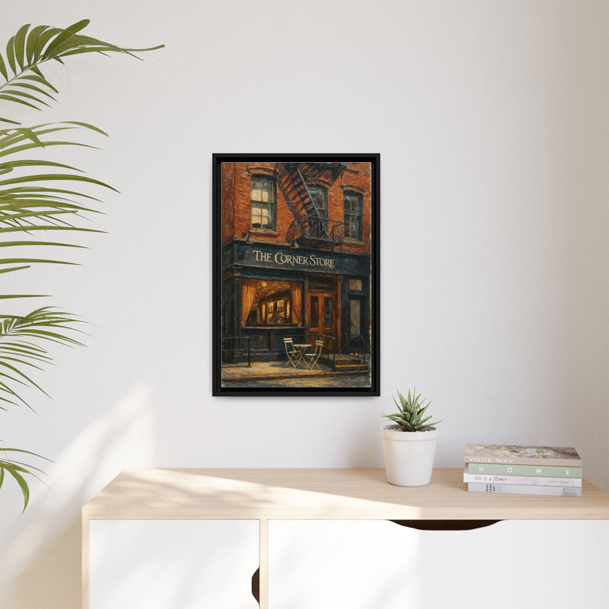 The Corner Store — Restaurant Print | Matte Canvas + Wooden Frame