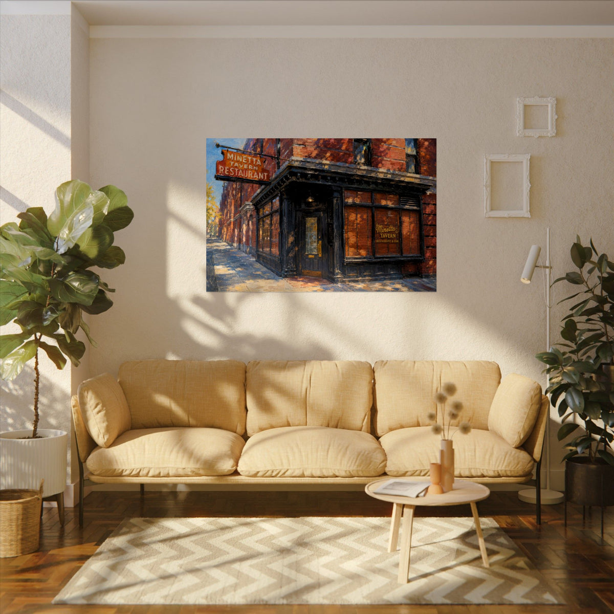 Minetta Tavern art poster on the wall above a sofa
