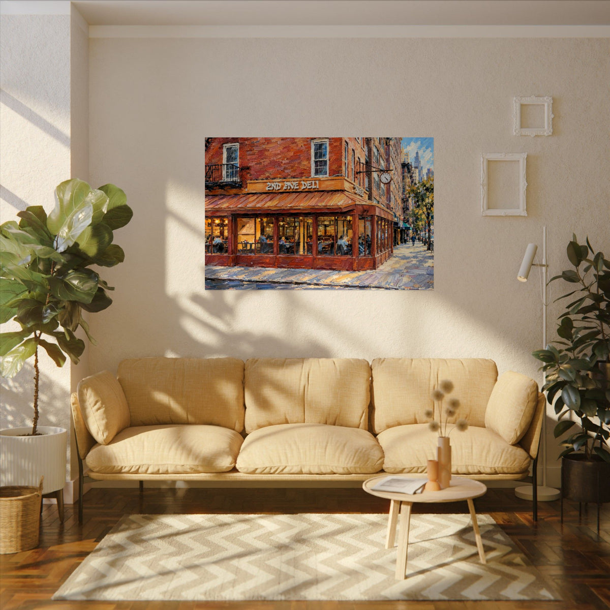 Second Avenue Deli art poster on the wall above a sofa