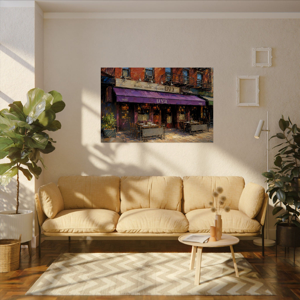 Uva art poster on the wall above a sofa