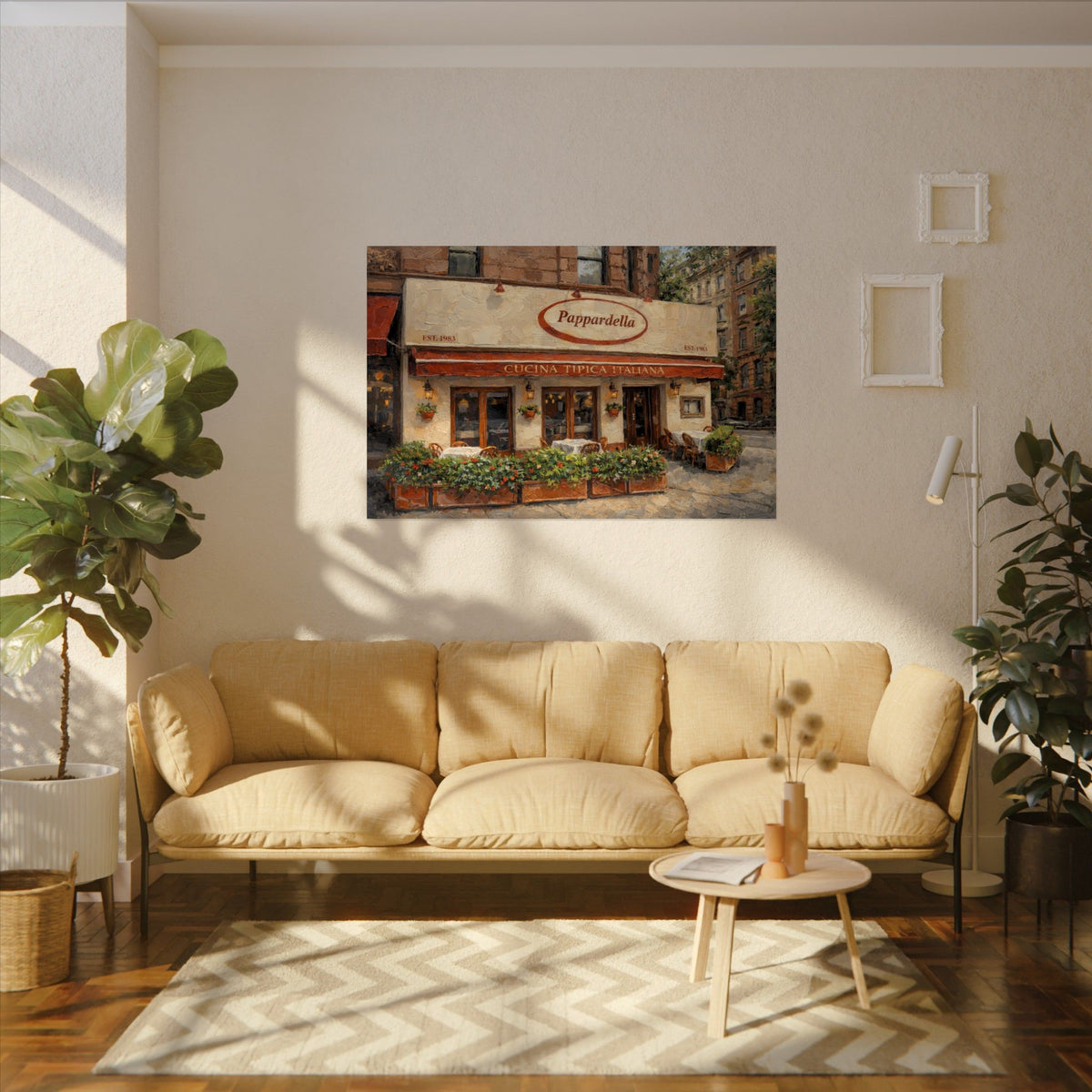 Papardella art poster on the wall above a sofa